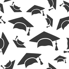 Graduation cap seamless pattern background icon. Business flat vector illustration. Finish education hat sign symbol pattern.