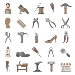 Shoemaker tools and equipment icon set