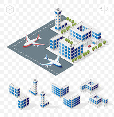 Isometric High Quality City Element with 45 Degrees Shadows on Transparent Background . Airport