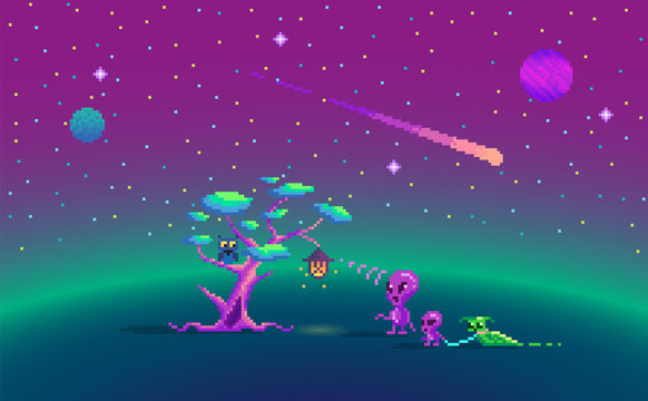 Pixel art aliens and magic tree.