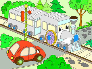 Cartoon train and car for children color vector illustration
