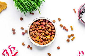 dry dog food in bowl on white background top view