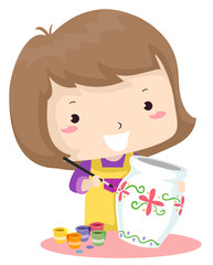 Kid Girl Pot Painting Illustration