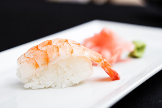 Shrimp sushi served on a plate