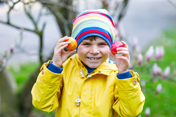 Cute adorable little kid boy making an egg hunt on Easter.