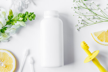 natural organic cosmetics for baby on white background top view