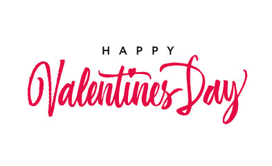 Happy Valentine's Day lettering. Brush pen handwriting calligraphy. White on red inscription with hearts. Creative postcard with flourishes.