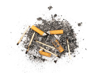 Cigarette stubs, matches and ash isolated on white background, top view