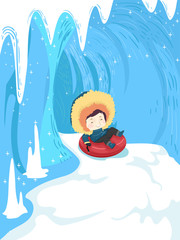 Kid Boy Ice Cave Snow Tube Illustration