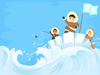 Stickman Kids Iceberg Sea Adventure Background Illustration