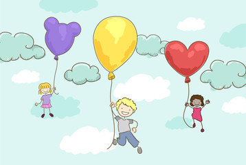 Stickman Kids Balloon Ride Illustration