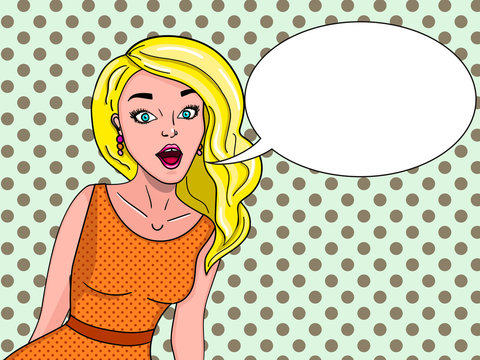 Retro girl in comic style. Says a bubble for text. Background pop art. Colored picture vector