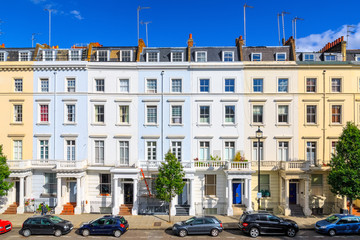 Facade of colourful terraced houses in London