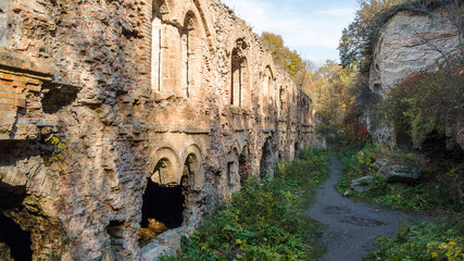 Aerial view of Wall of an old fortress with windows and doors