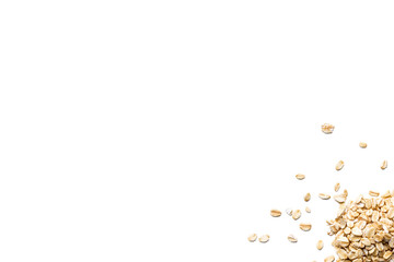 Organic oat flakes isolated on white background. Horizontal composition. Top view