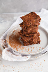 Vegan dark chokolate brownie. Healthy dietary vegan dessert concept.