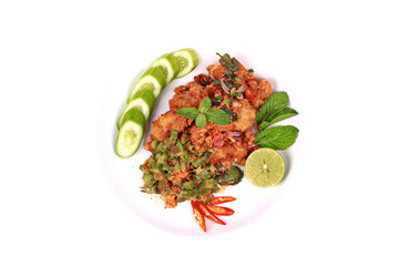 Spicy crispy deep-fried chicken salad.