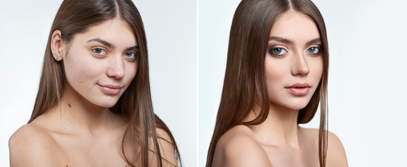 Comparison fullface half profile type of portrait of beautiful brunette green-eyed girl without...