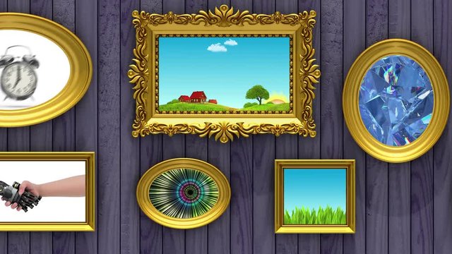 Picture gallery, 3d animation on purple wood background