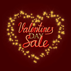 Valentines Day Sale golden and gradient luminous lettering text in stellar stream in heart form. Valentines Day shopping banner design.