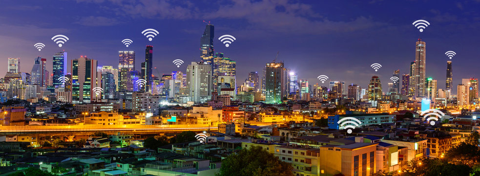 wifi in city / wifi sign and high building in the city panorama view