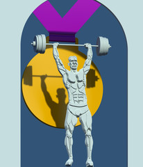 Athletic weight lifting champion paper cut character 3D illustration on blue color background. Collection.