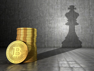 Bitcoin. The concept of leadership and growth of bitcoin. Coins of bitcoin cast a shadow on the chess piece of the king. 3D illustrations