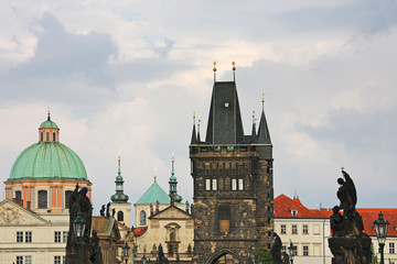 Fototapeta premium Towers of the old town in Prague,view from the Charles bridge