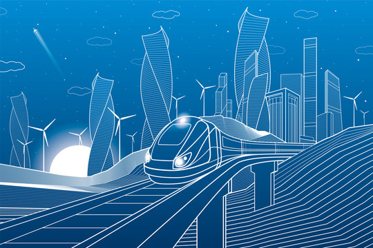 Train traveling on railroad bridge in mountains. Tower and skyscrapers, modern city, business buildings. Night scene. White lines on blue background. Windmills power. Vector design art