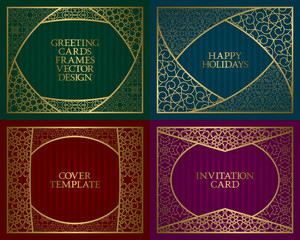 Golden patterned frames set. Vintage design of greeting cards backgrounds in asian traditional style. Brochure, album cover, nameplate, signboard templates.