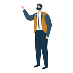 modern man standing with a raised hand isolated on background flat vector illustration