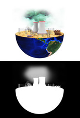 Eco concept. Half of the planet is contaminated with promising technologies. End of the world concept. Dry wood, oil and electricity. 3D rendering with alpha channel