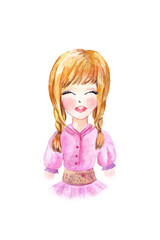 Funny cartoon smiling girl on white background. Watercolor illustration