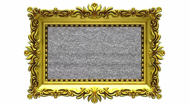Camera zoom into the gold picture frame on white background, tv noise, green screen