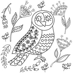 Coloring book fol adults. Folk set vector blask and whit illustration with beautiful birds and flowers. Scandinavian style.