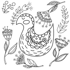 Coloring book fol adults. Folk set vector blask and whit illustration with beautiful birds and flowers. Scandinavian style. © olesiaagudova