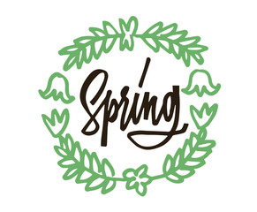 Spring Hand drawn lettering. Calligraphy brush ink inscription with flower's illustration. Sticker, post stamp, tattoo. Beautiful and creative poscard design