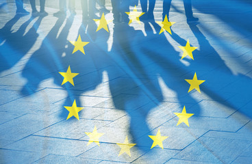 Fototapeta EU Flag and shadows of People concept picture obraz