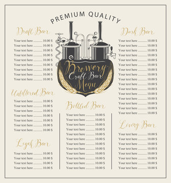 Vector craft beer menu with the image brewery production line and brewing equipment in retro style and price list with handwritten inscriptions