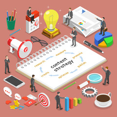 Obraz premium Content strategy flat isometric vector concept. Businessmen, surrounded with some corresponding attributes, are discussing a project content strategy.
