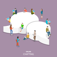 Fototapeta premium Online chatting flat isometric vector concept. Group of people with laptops and smartphones are around the two big speech bubbles.
