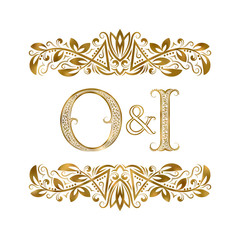 O and I vintage initials logo symbol. The letters are surrounded by ornamental elements. Wedding or business partners monogram in royal style.