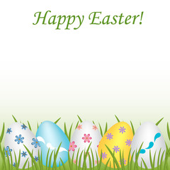 Happy Easter Colorful, different patterned eggs in the green grass. Empty space for text. Isolated.Template vector greeting card with realistic eggs. Spring holiday illustration