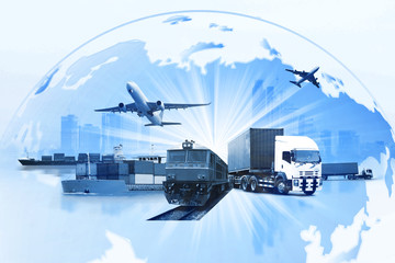Plakat Transportation, import-export and logistics concept, container truck, ship in port and freight cargo plane in transport and import-export commercial logistic, shipping business industry