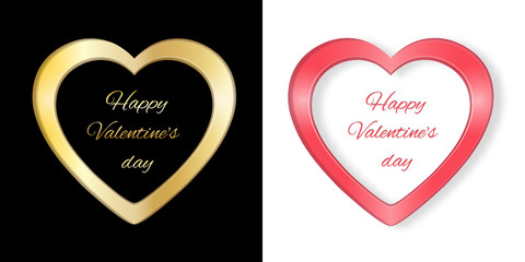 Frame in the form of two hearts before Valentine's day.Golden heart on a black background and red on a white background. With a place under the text. For greeting cards. Vector illustration.