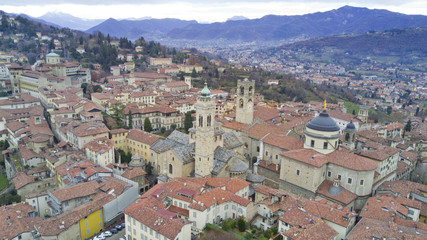 Fototapeta na wymiar Aerial video shooting with drone on Bergamo, famous and ancient Lombardia city, founded on the hills
