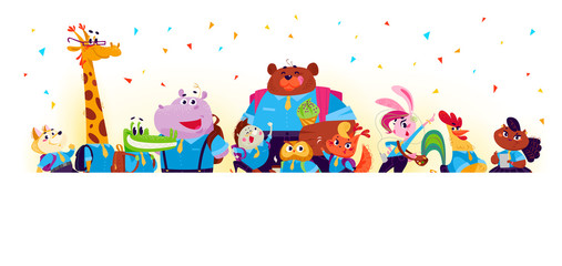 Vector flat collection of happy animal student standing behind white paper background. Back to school illustration isolated on white background. Cartoon style. Good for poster banner, packaging design