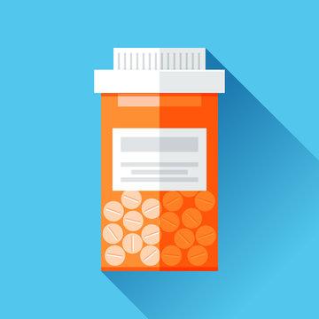 Jar with medicine. Medical icon in flat style, orange pill bottle on blue background. Vector design element