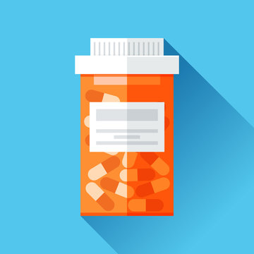 Jar with medicine. Medical icon in flat style, orange pill bottle on blue background. Vector design element