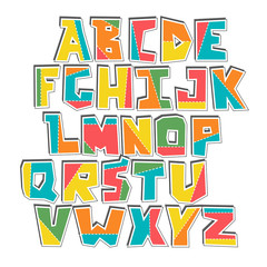 Hand lubberly cut vector colorful alphabet sticker set.
